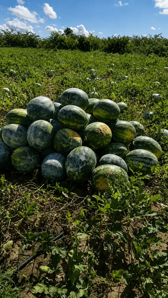 Grande volume de melancias colhidas na lavoura — safra Fazenda Asystem